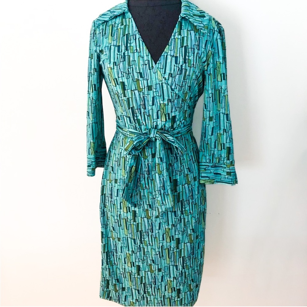 Vintage Dani Max Teal wrap dress. Retro geometric pattern 3/4 sleeve size 12M